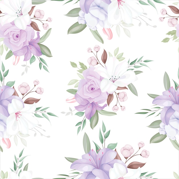 美しい白と紫の花と葉を持つエレガントなシームレスパターン