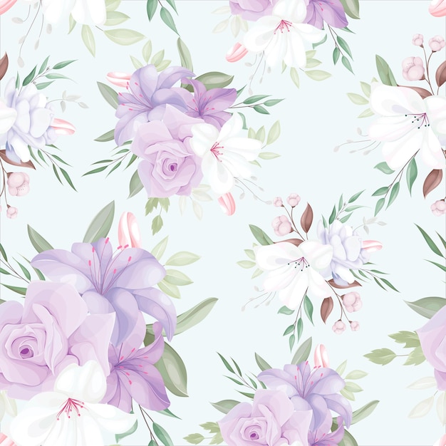 Elegant seamless pattern with beautiful white and purple flowers and leaves