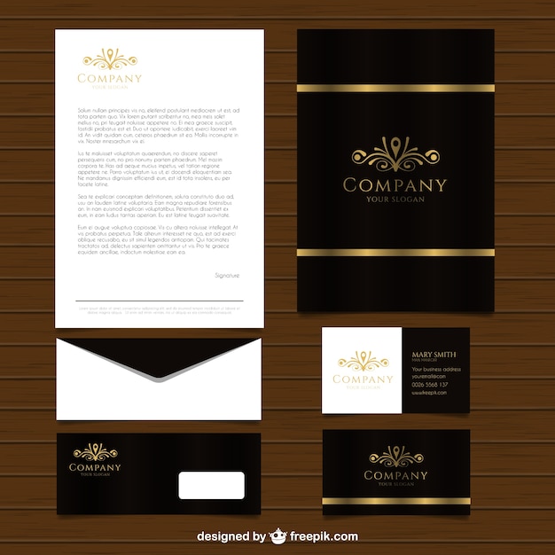 Free vector elegant set of business stationery with golden details