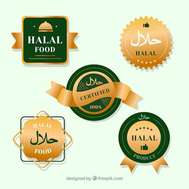 Free vector elegant set of halal food labels with golden style