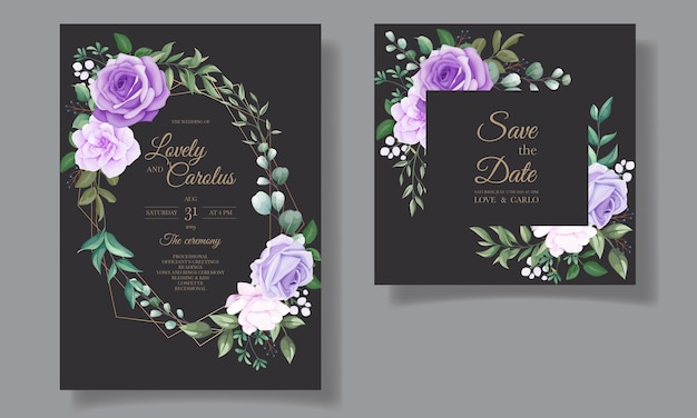 Бесплатное векторное изображение Элегантный набор свадебных пригласительных билетов с красивым фиолетовым цветком