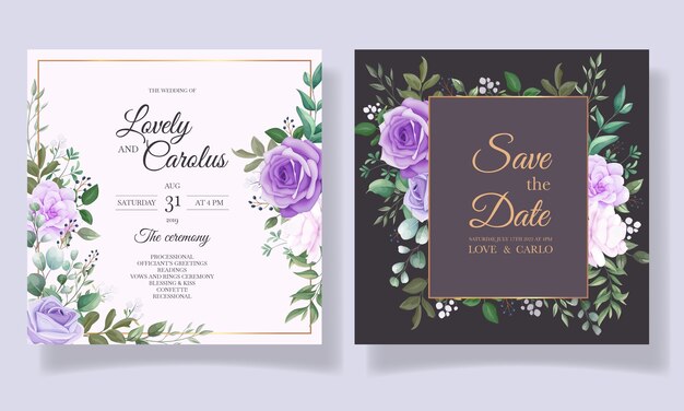 Elegant set of wedding invitation cards with beautiful purple floral