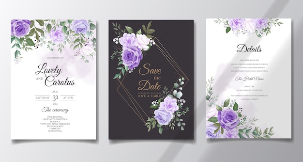 Elegant set of wedding invitation cards with beautiful purple floral