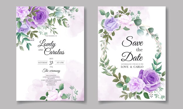 Elegant set of wedding invitation cards with beautiful purple floral