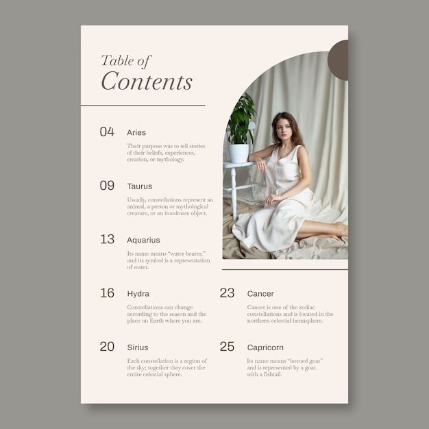 Elegant simple fashion magazine table of contents