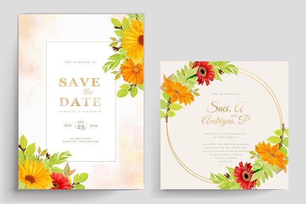 elegant summer floral and leaves wedding invitation card set