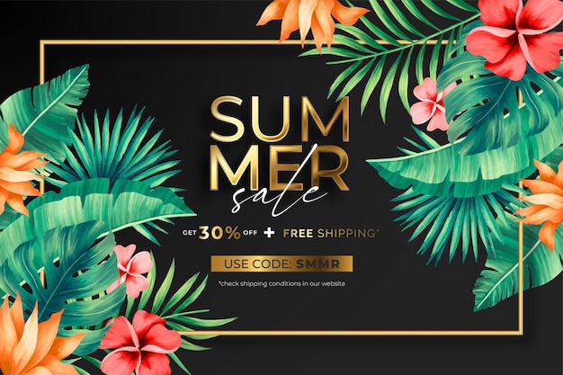 Elegant Summer Sale Banner With Tropical Flowers And Leaves