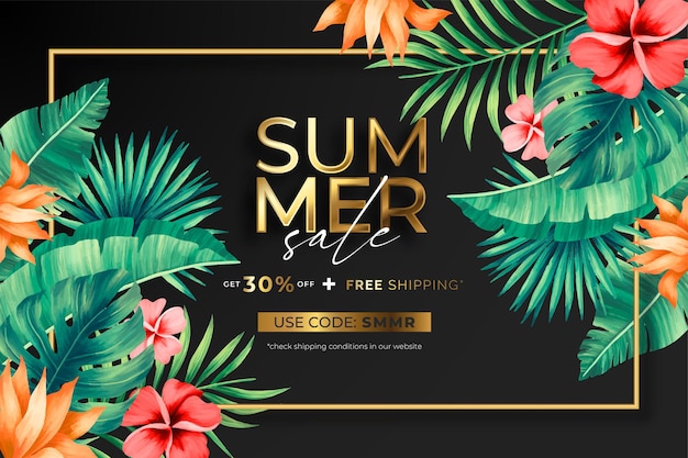 Elegant summer sale banner with tropical flowers and leaves