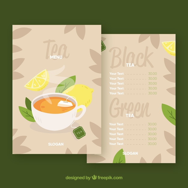 Free vector elegant tea menu template with flat design