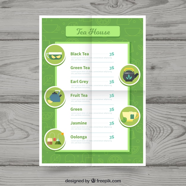 Free vector elegant tea menu template with flat design