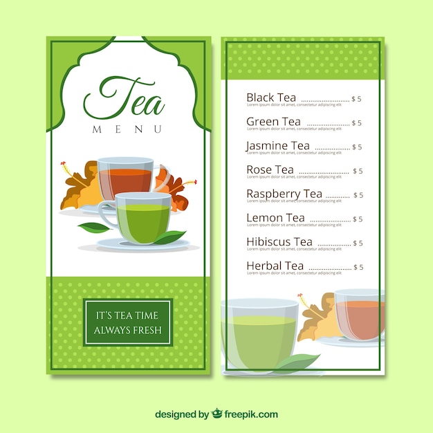 Elegant tea menu template with flat design