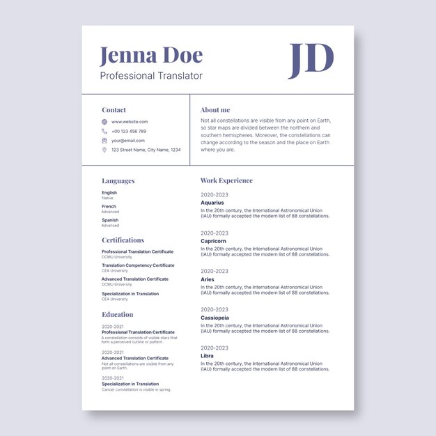 Elegant translator resume
