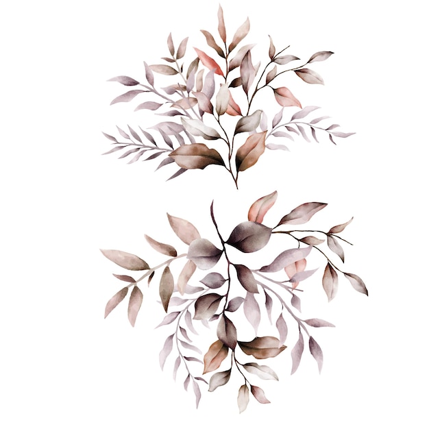 Vettore gratuito elegante bouquet di foglie marroni dell'acquerello