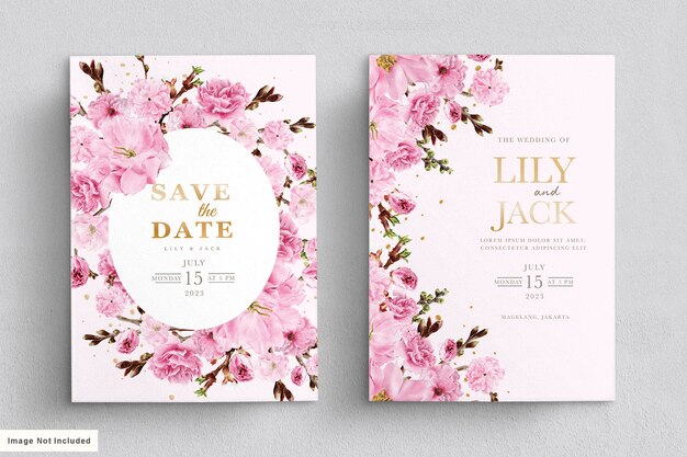 エレガントな水彩画の桜の結婚式の招待カードセット