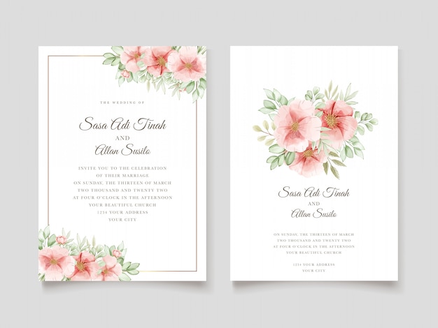 Free vector elegant watercolor dog rose flowers wedding invitation card