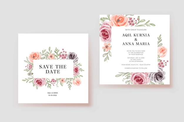 Elegant watercolor floral frame wedding invitation template