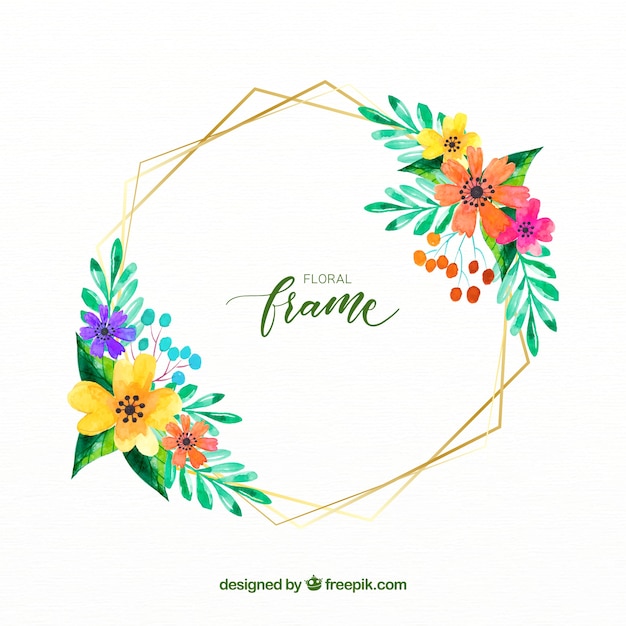 Elegant watercolor floral frame with golden lines