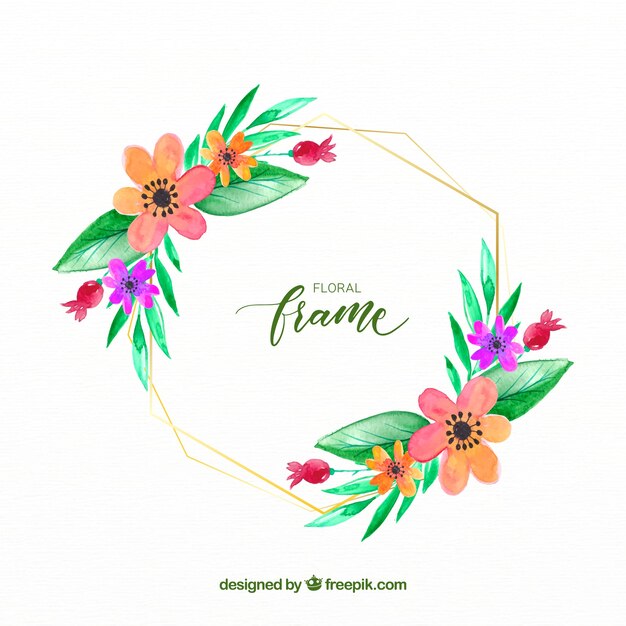 Elegant watercolor floral frame with golden lines