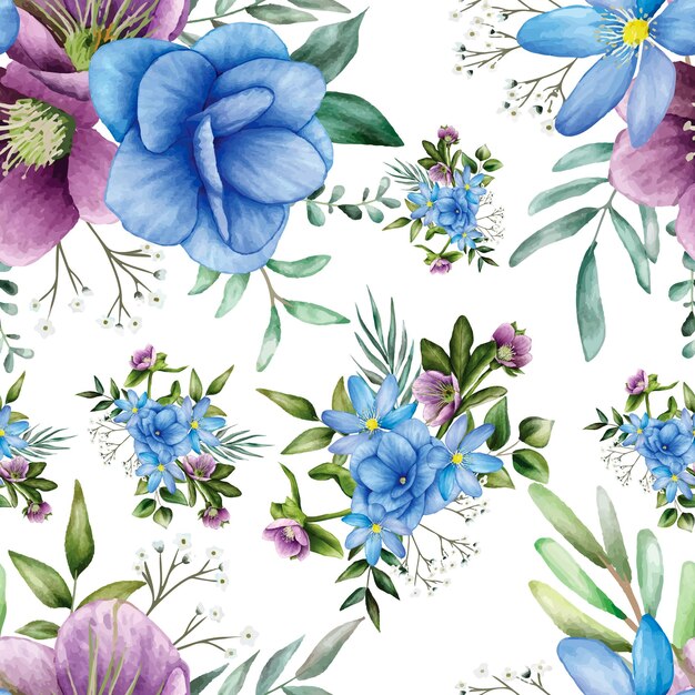 Elegant watercolor floral and leaves seamless pattern