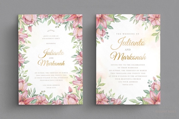 Free vector elegant watercolor floral wedding invitation card set