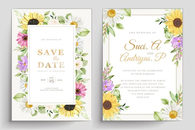 エレガントな水彩花の結婚式の招待カードセット