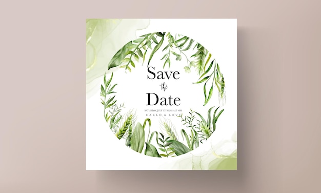 elegant watercolor greenery grass and leaves wedding invitation card set template