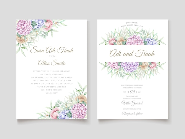 Vettore gratuito set di carte invito matrimonio floreale elegante ortensia acquerello