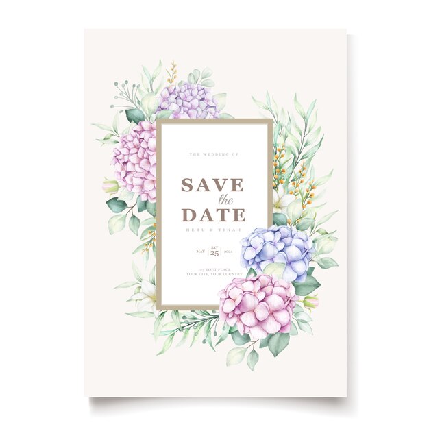エレガントな水彩画のアジサイの花の結婚式の招待カードセット