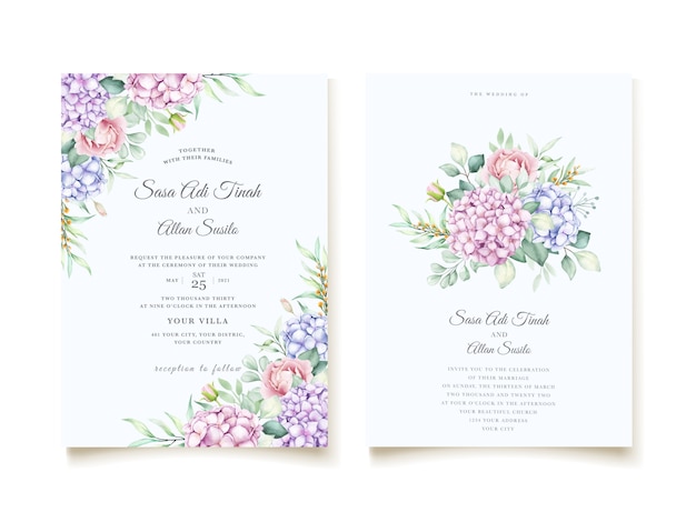 elegant watercolor hydrangea floral wedding invitation card set