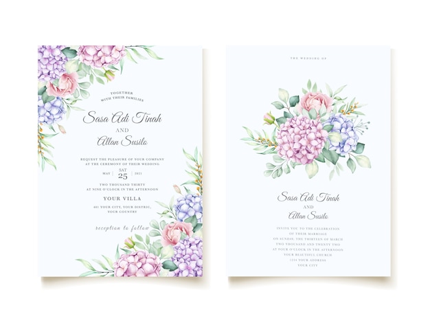 エレガントな水彩画のアジサイの花の結婚式の招待カードセット