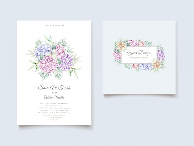 無料ベクター エレガントな水彩画のアジサイの花の結婚式の招待カードセット