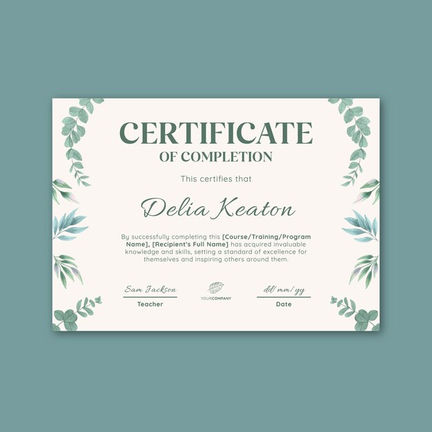 Elegant watercolor leaves certificate template