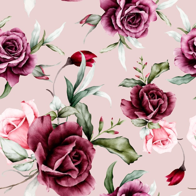 Free vector elegant watercolor maroon roses flower seamless pattern