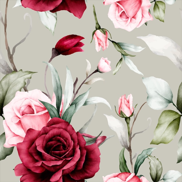 elegant watercolor maroon roses flower seamless pattern
