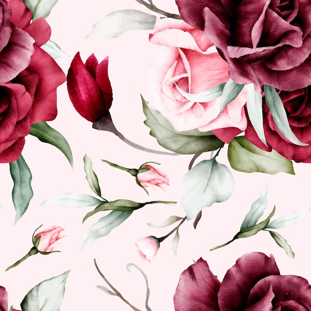 elegant watercolor maroon roses flower seamless pattern