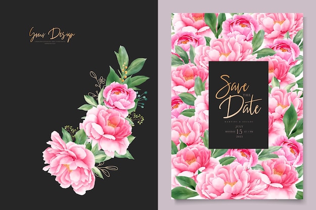 Vettore gratuito elegante set di carte di invito a nozze con peonie ad acquerello