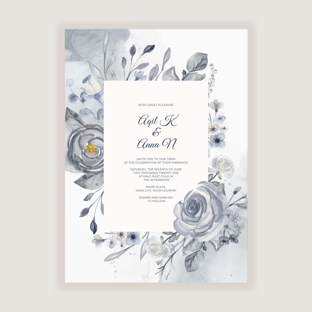 Elegant watercolor wedding card with navy blue and white flowers