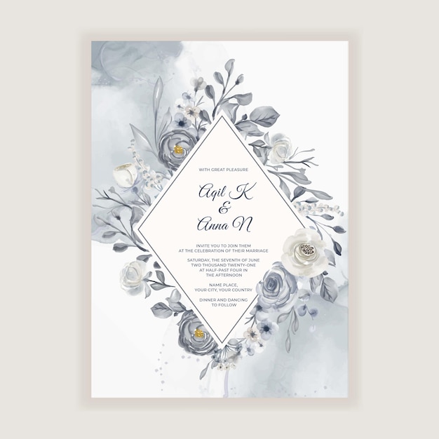 Elegant watercolor wedding card with navy blue and white flowers