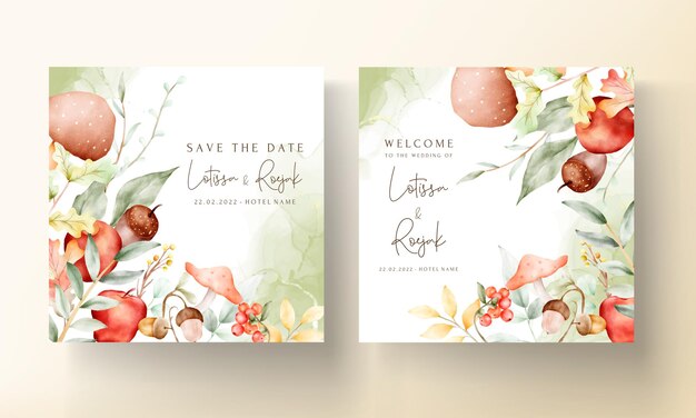 elegant watercolor wedding invitation card with red apple, nut and mushroom