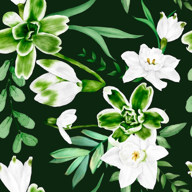 無料ベクター エレガントな水彩画の白い花と緑の葉のシームレスなパターンデザイン