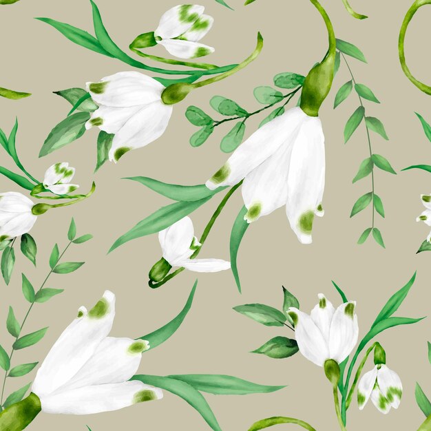 Elegant watercolor white flower and green leaves seamless pattern design