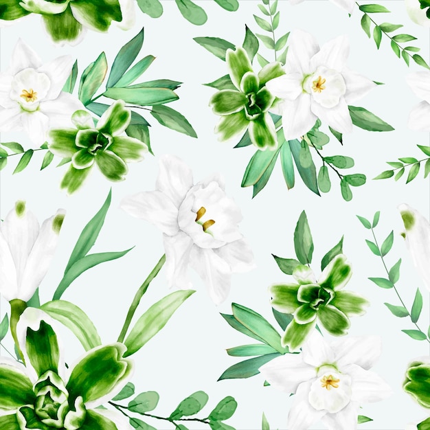 Free vector elegant watercolor white flower and green leaves seamless pattern design