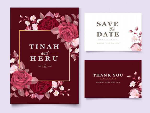 Элегантный шаблон свадебной открытки с темно-бордовым цветком и листьями