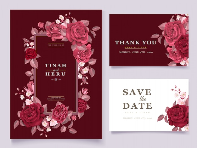 Elegant wedding card template set with maroon floral and leaves