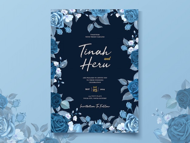 Free vector elegant wedding card template with classic blue floral and leaves