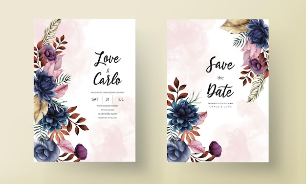 Free vector elegant wedding card template with classic blue flower and leaves