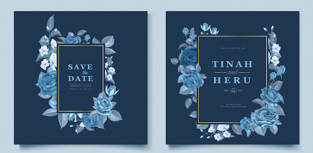 Элегантный шаблон свадебной открытки с голубым цветочным узором и листьями