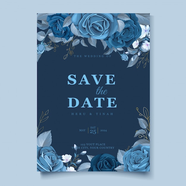 Free vector elegant wedding card template with cleassic blue floral and leaves