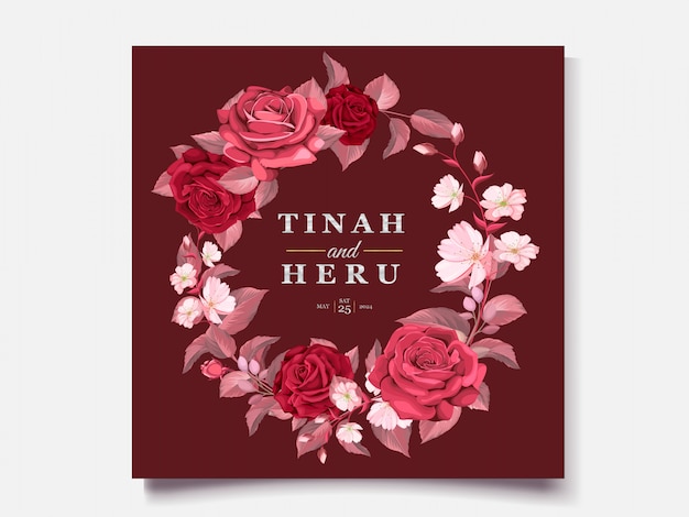 Free vector elegant wedding card template with maroon floral and leaves