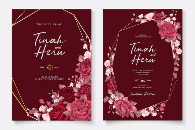 Elegant wedding card template with maroon floral and leaves